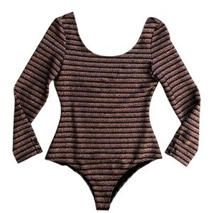 Sezane Shimmer Striped Long Sleeve Bodysuit Scoop Neck and Back